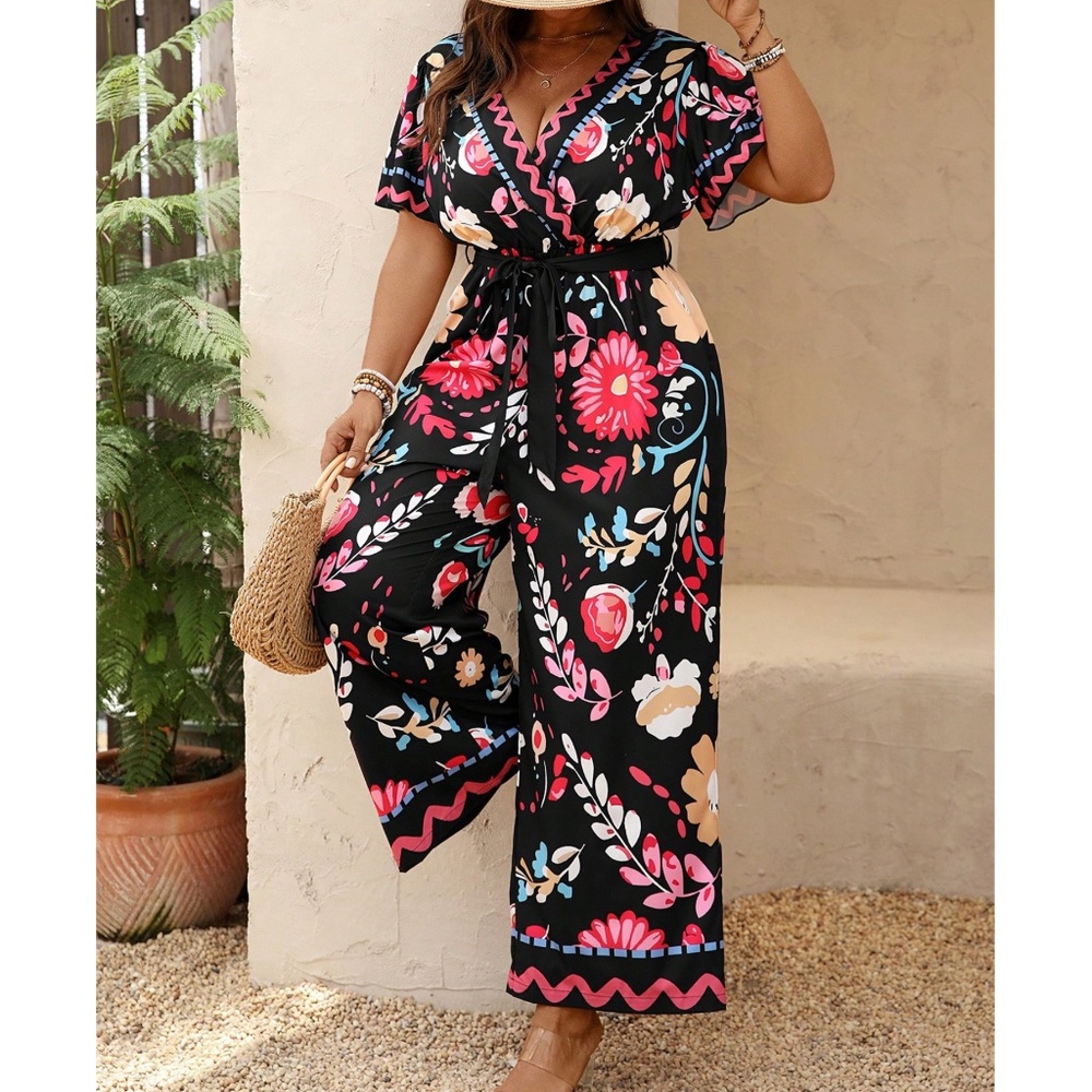 Black Floral Wrap Jumpsuit with Tie Waist